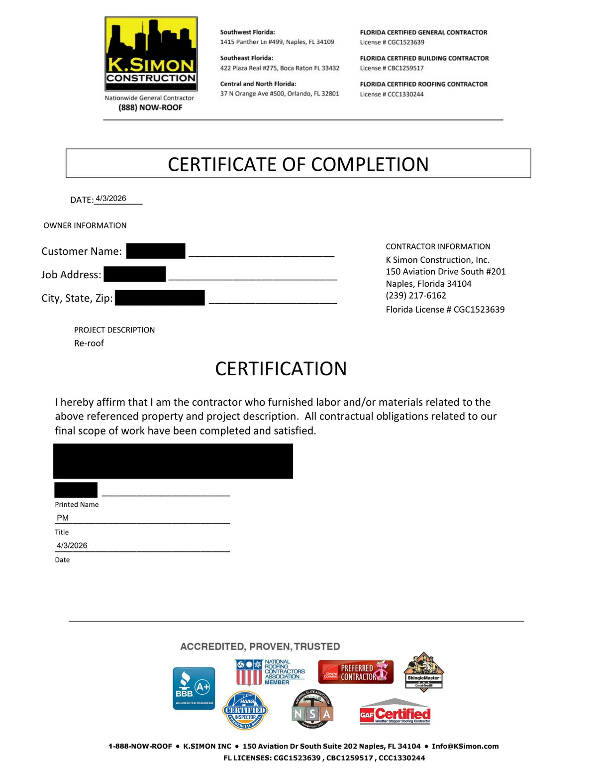 Certificate of Completion for the re-roof dated April 3, 2026, with customer details and the signature block blacked out.