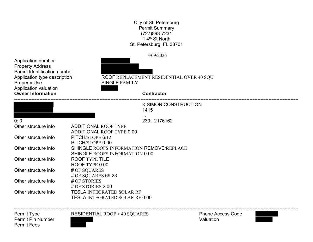 City of St. Petersburg permit summary for a residential roof replacement over 40 squares, tile roof, 6/12 pitch, with identifying details blacked out.