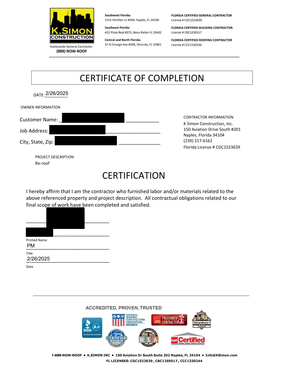 Certificate of Completion on K. Simon Construction letterhead dated February 26, 2025, with black redaction bars over the owner information lines and the signature.