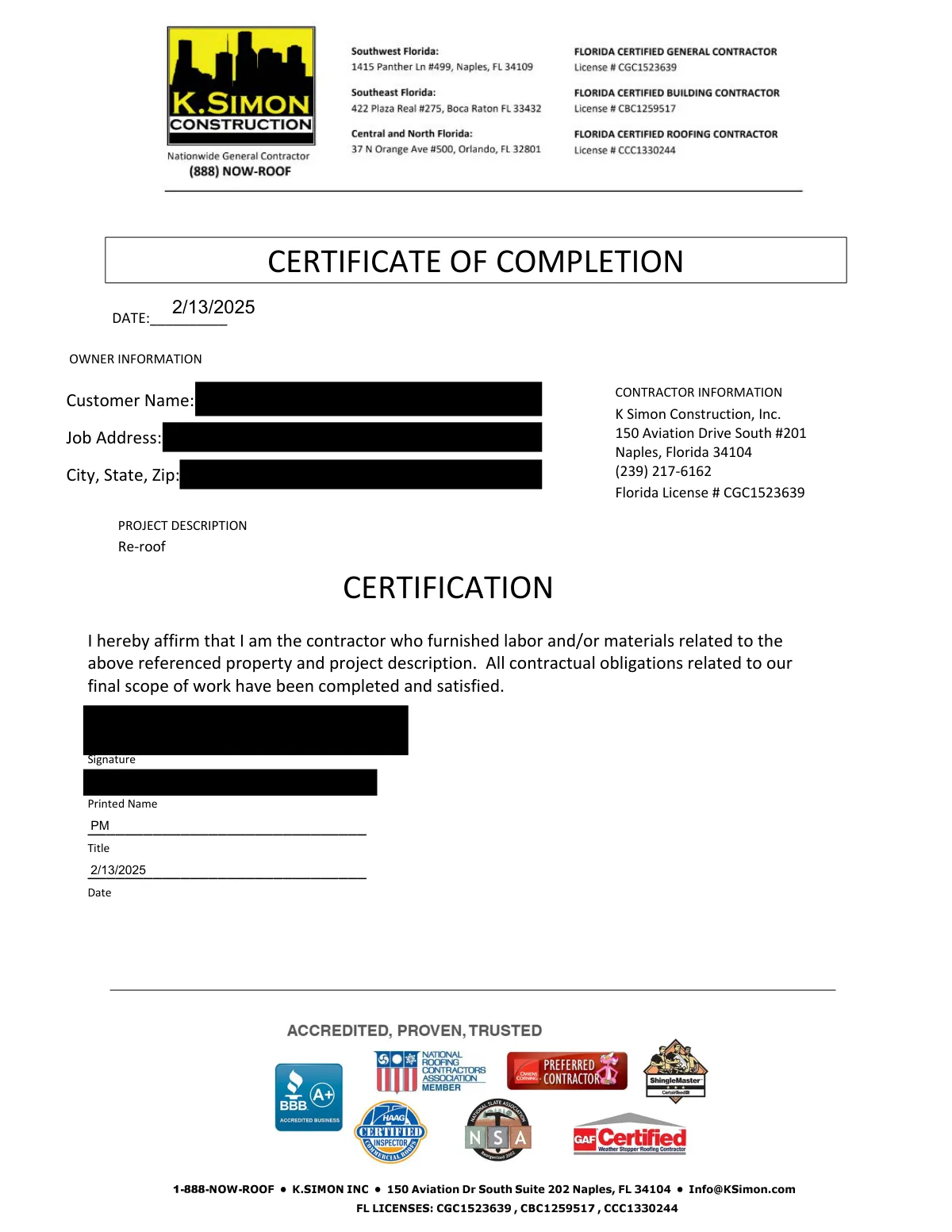 Certificate of Completion for the re-roof, dated February 13, 2025, with the customer name and address blacked out and the signature blurred