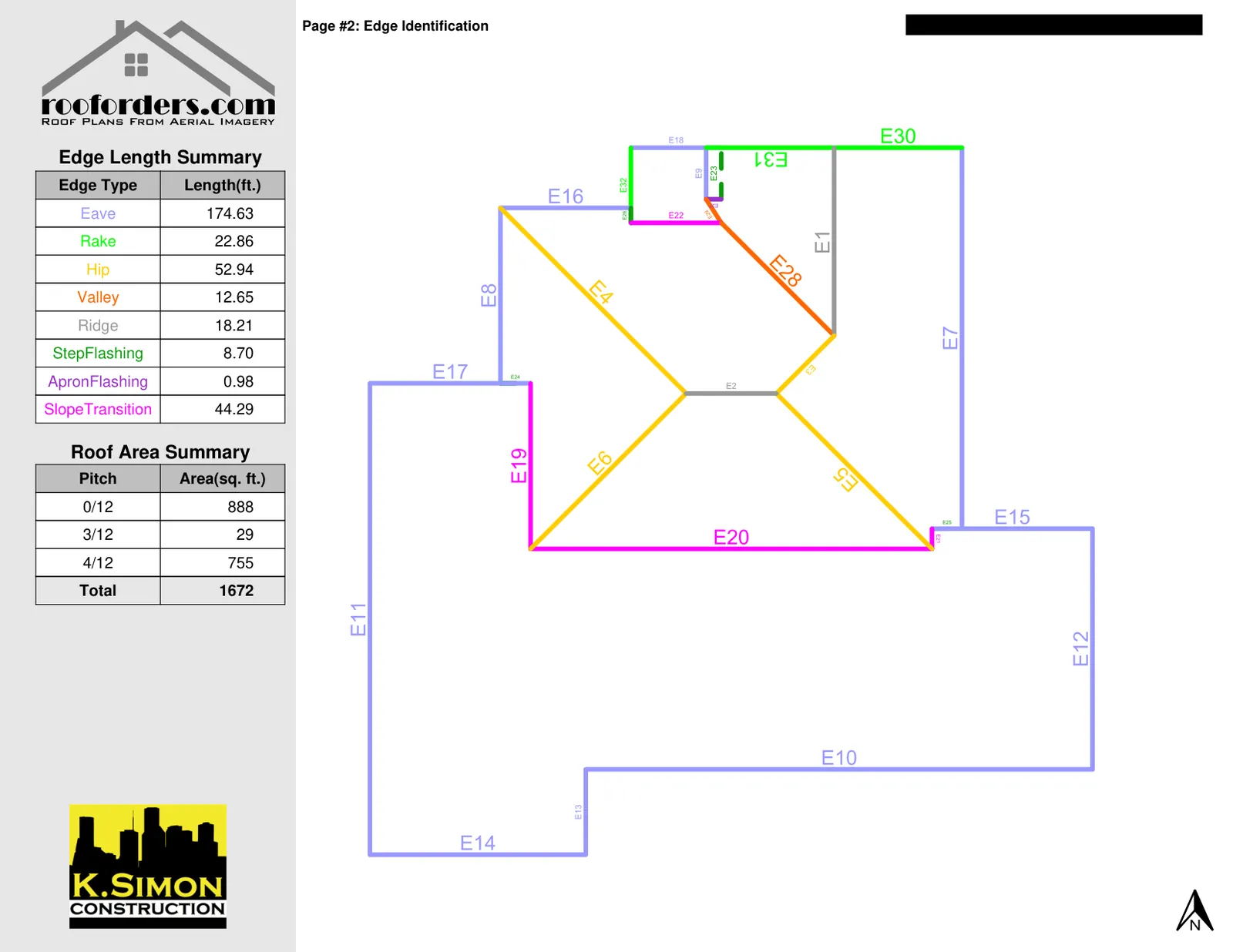 Aerial roof measurement schematic showing labeled edges, an edge length summary, and a roof area summary totaling 1,672 square feet