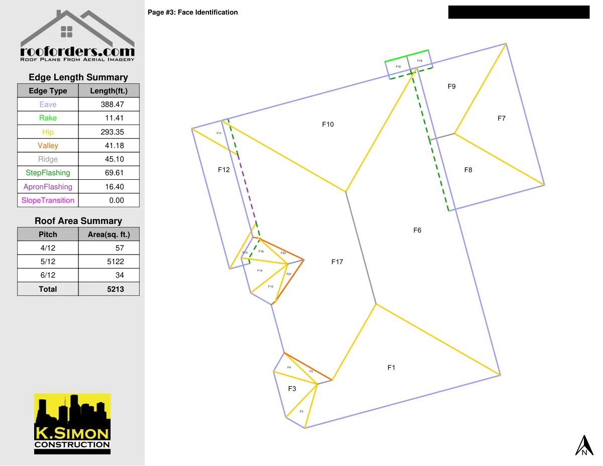 Roof measurement schematic labeling each face of the roof, with edge length and pitch tables totaling 5,213 square feet.