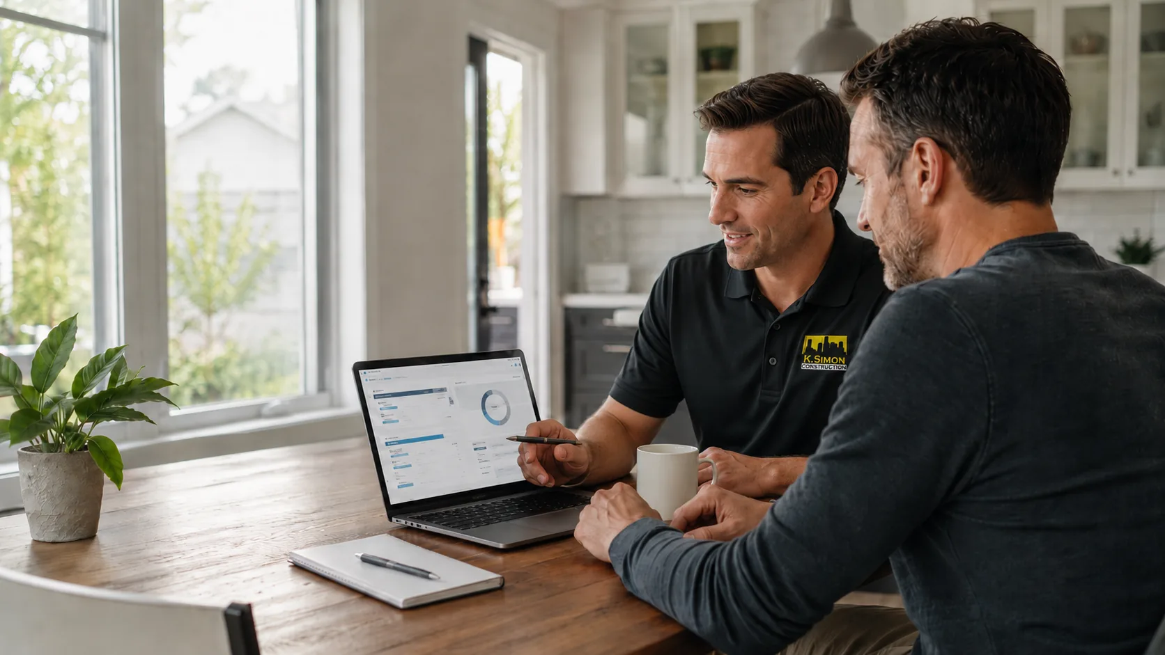 Two people reviewing project information on a laptop at a table