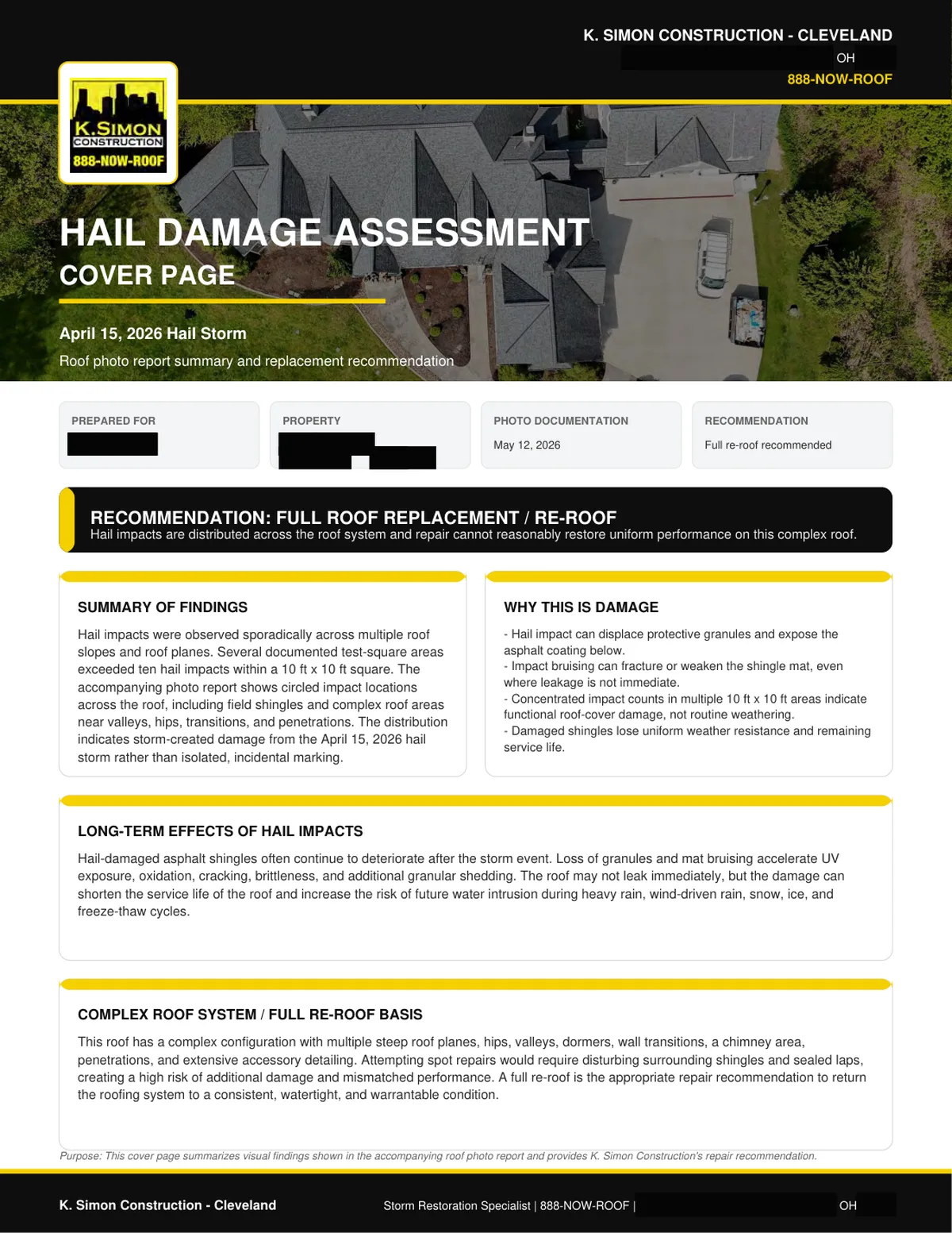 Cover page of the hail damage assessment: summary of findings for the April 15, 2026 hail storm, photo documentation dated May 12, 2026, and the recommendation of a full roof replacement. Client details are blacked out.