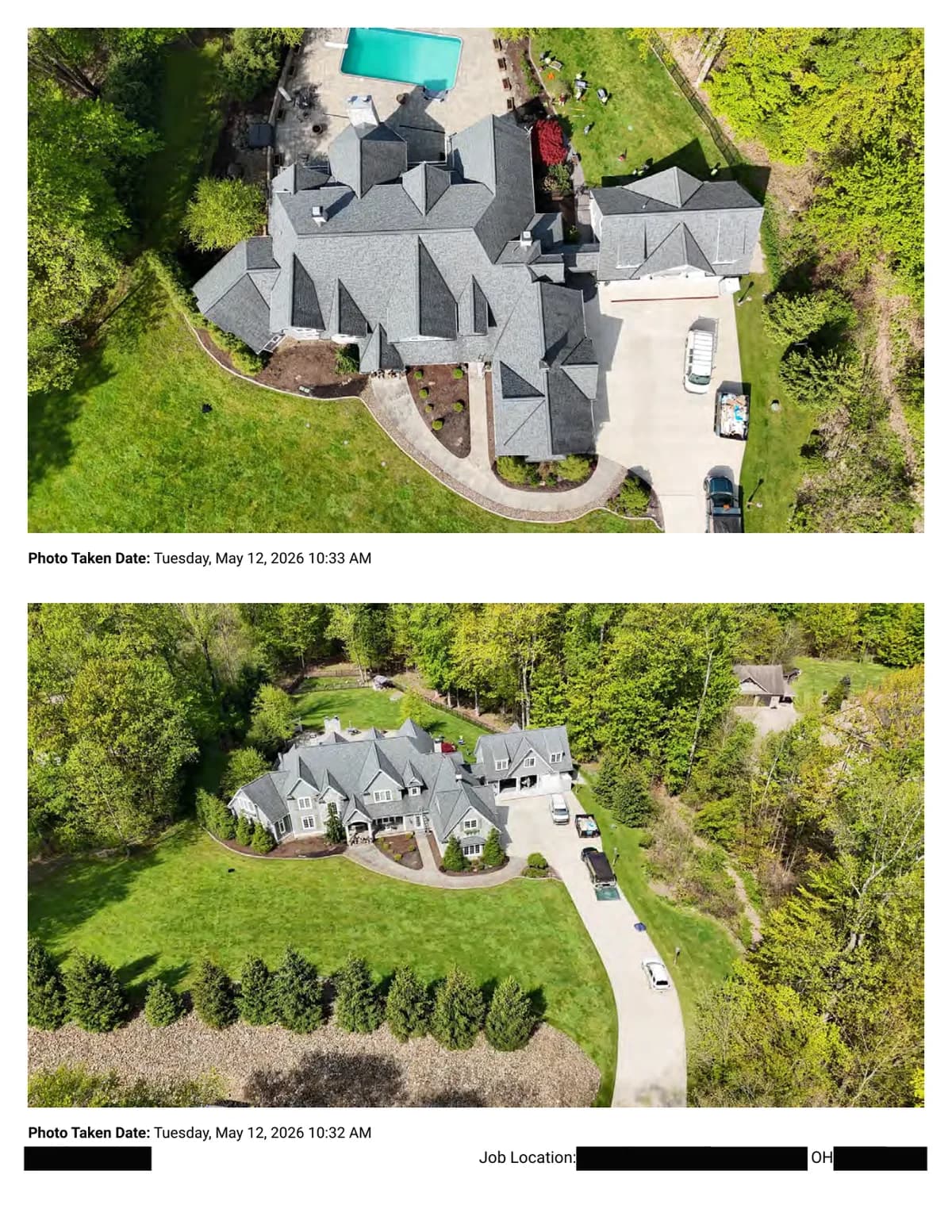 Two aerial photos of the whole property from above: the house, its intersecting shingle roof planes, the driveway, and the yard. Taken May 12, 2026.