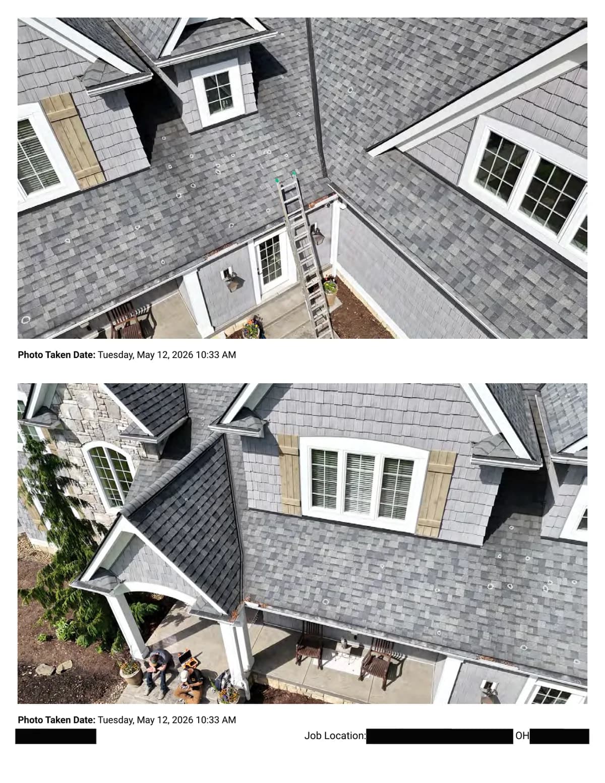Two elevated photos of roof slopes and dormers with hail impacts circled in chalk; an extension ladder is set at the eave and inspectors are at the porch below.