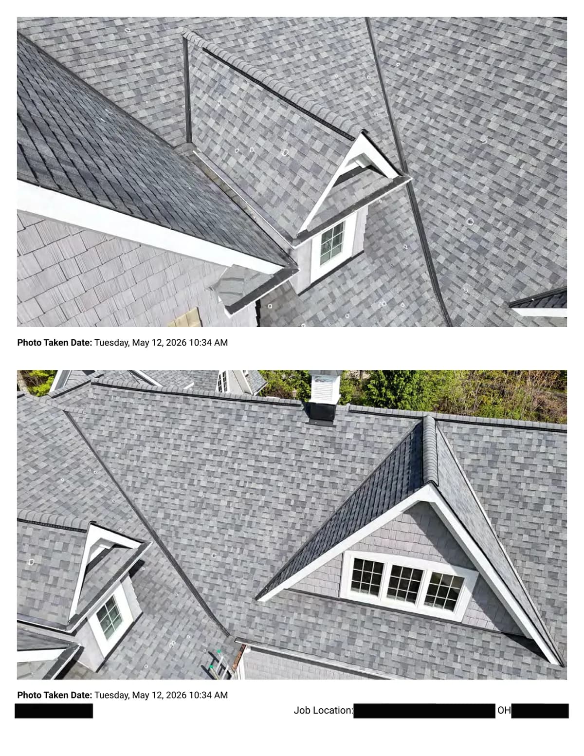 Two photos of intersecting roof slopes around a dormer, with chalk circles marking hail impacts across the shingle field.