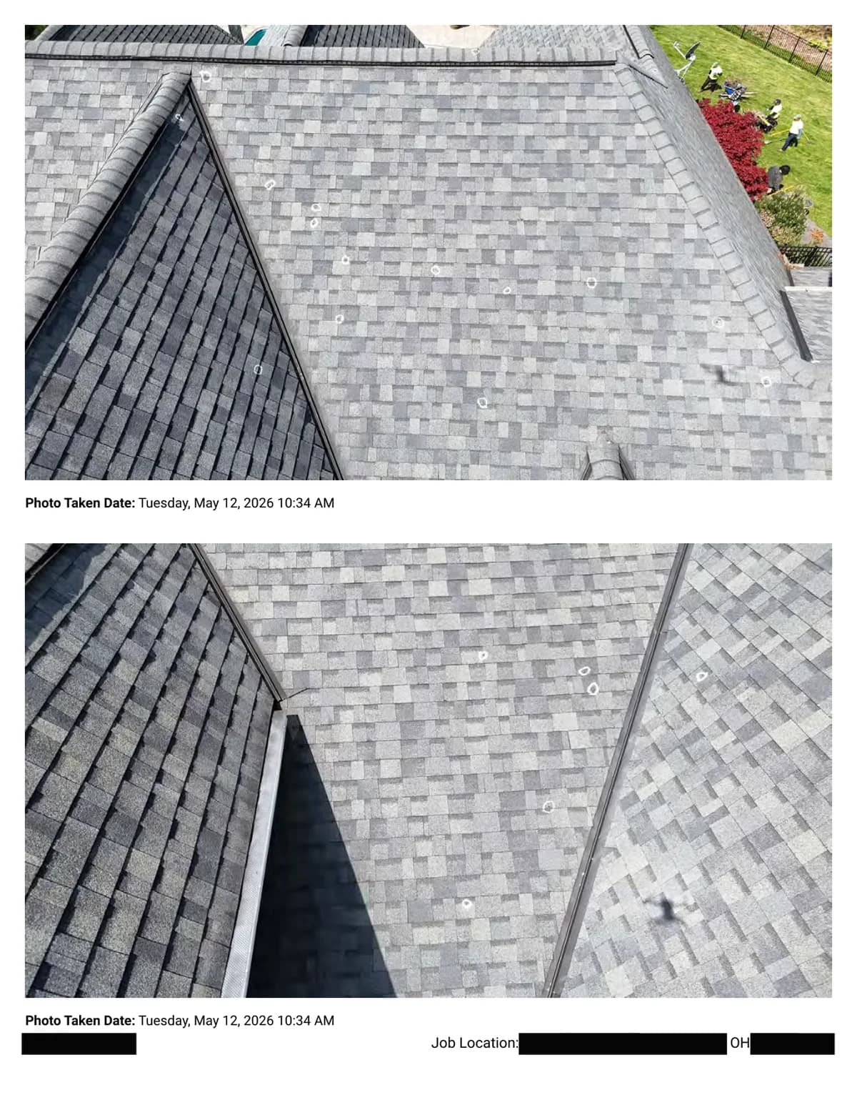 Two elevated photos of steep shingle slopes with many chalk circles marking hail impacts near hips, valleys, and ridge lines.
