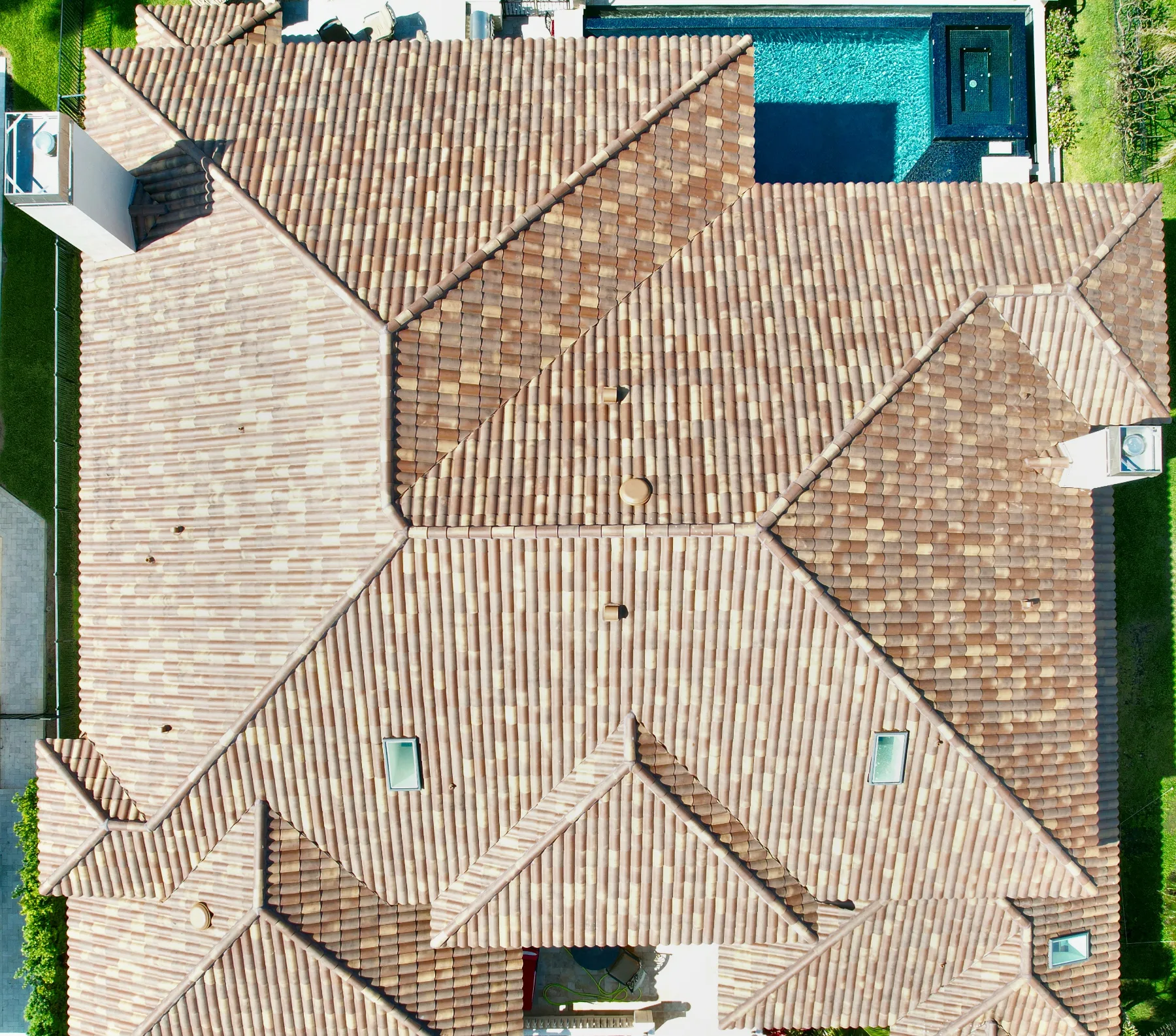 Overhead drone view of the finished Verea clay S-barrel roof in the Fume mix, St. Petersburg